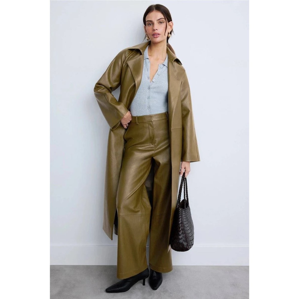 Rosetta Getty Trench Coat Olive Green Faux Leather Belted Womens Sz XS